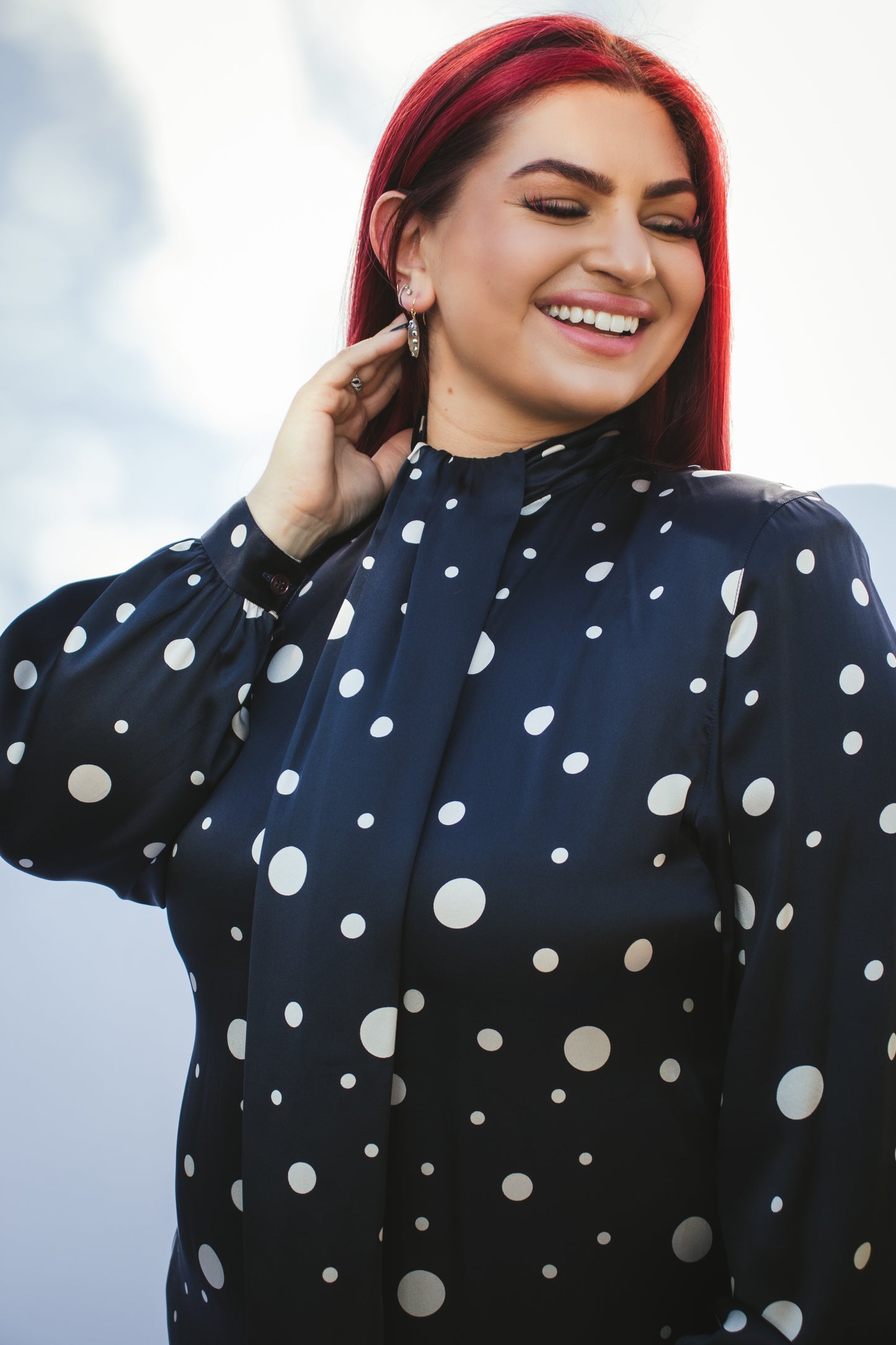 80's Blue Polka Dot Blouse L/XL