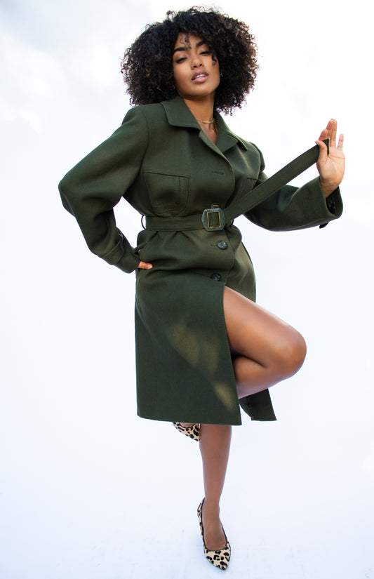 80's Long Olive Wool Overcoat M/L