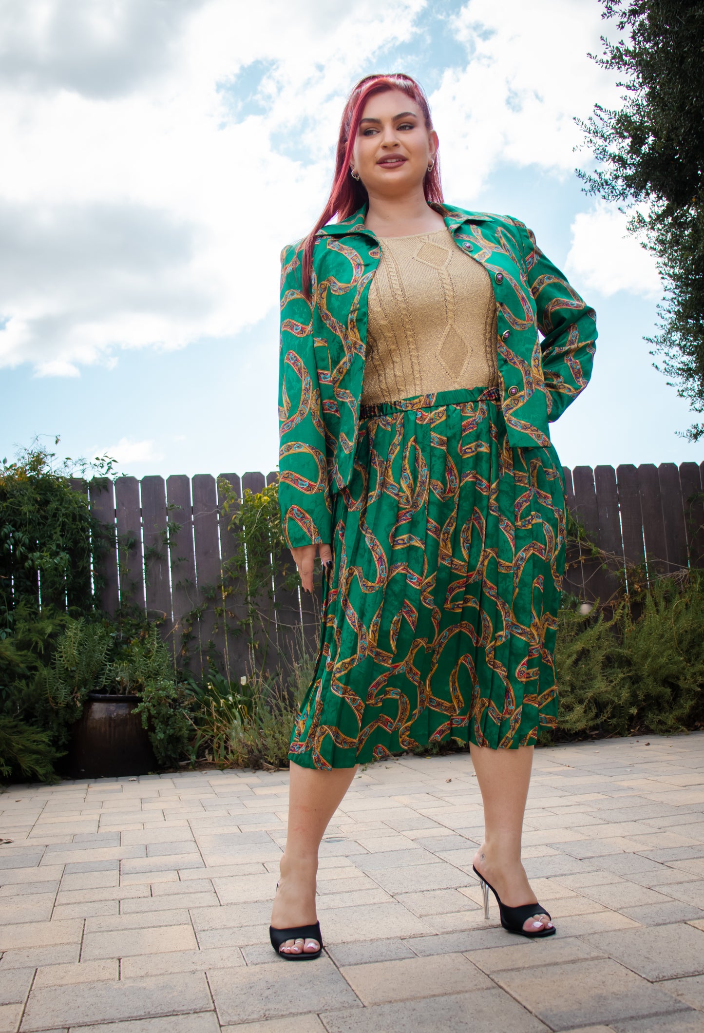 80's Green and Gold Silk Skirt Set L/XL