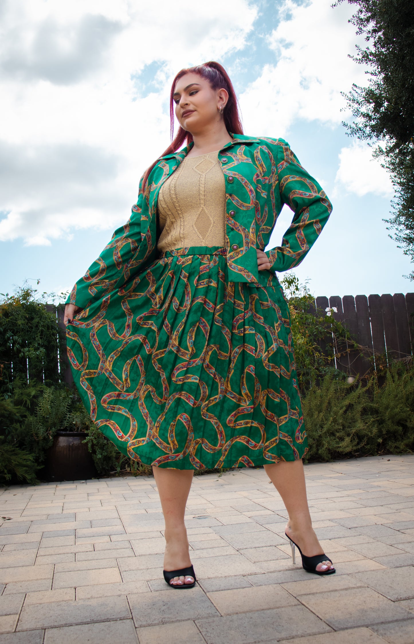 80's Green and Gold Silk Skirt Set L/XL