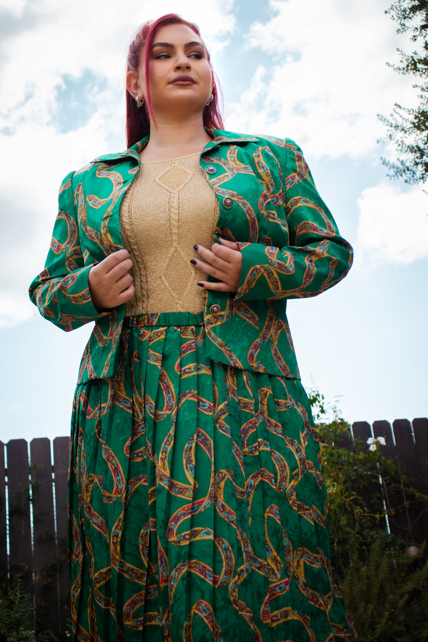 80's Green and Gold Silk Skirt Set L/XL