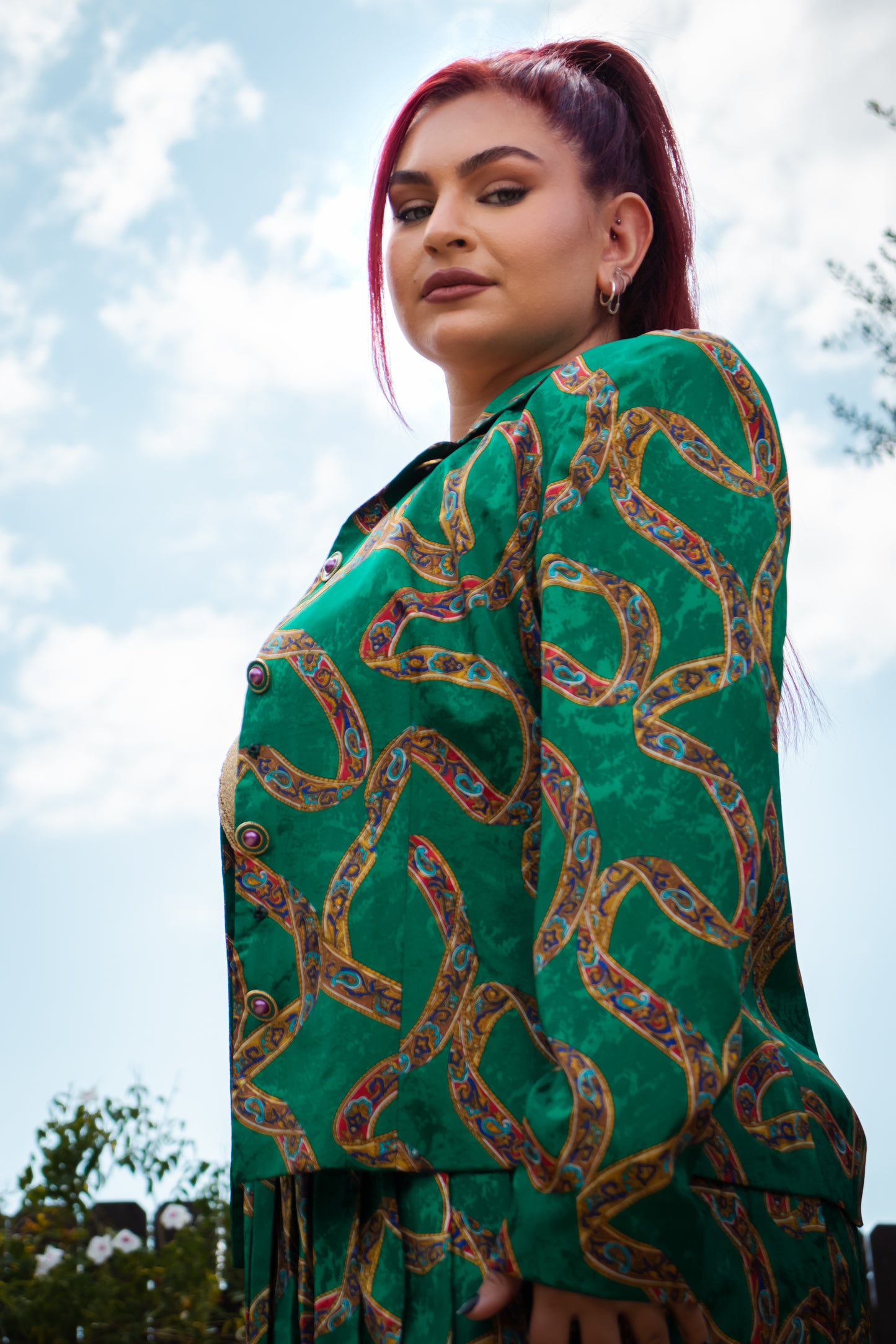 80's Green and Gold Silk Skirt Set L/XL