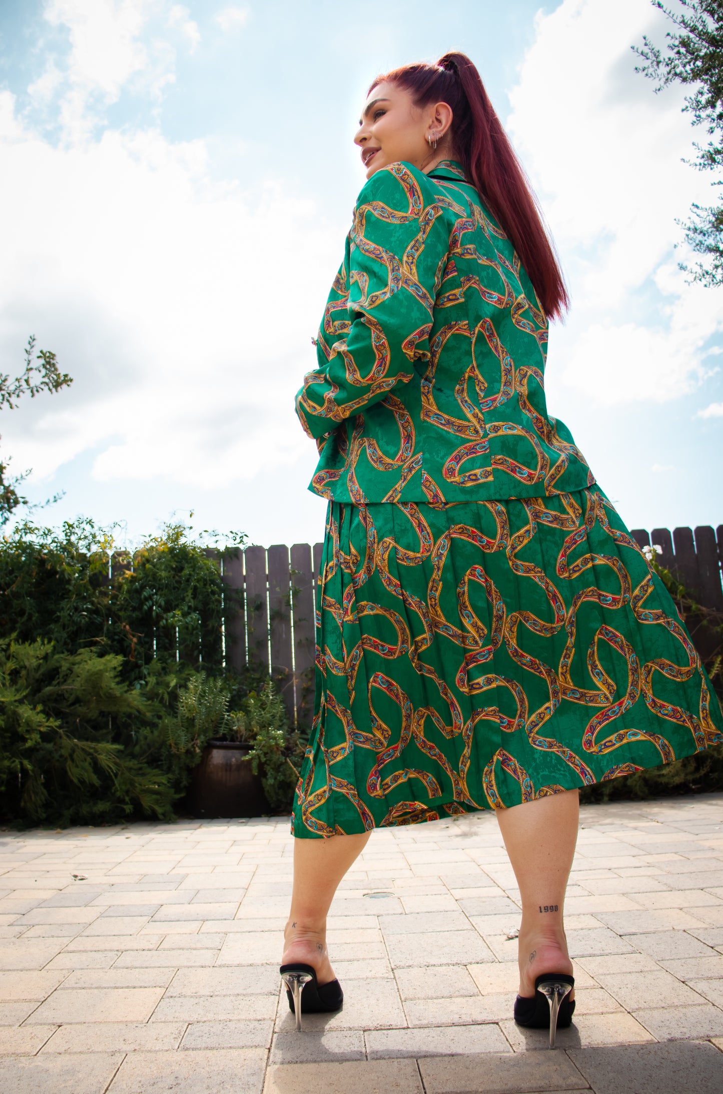 80's Green and Gold Silk Skirt Set L/XL