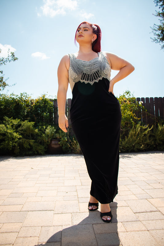 90's Black Velvet Silver Beaded Evening Dress L