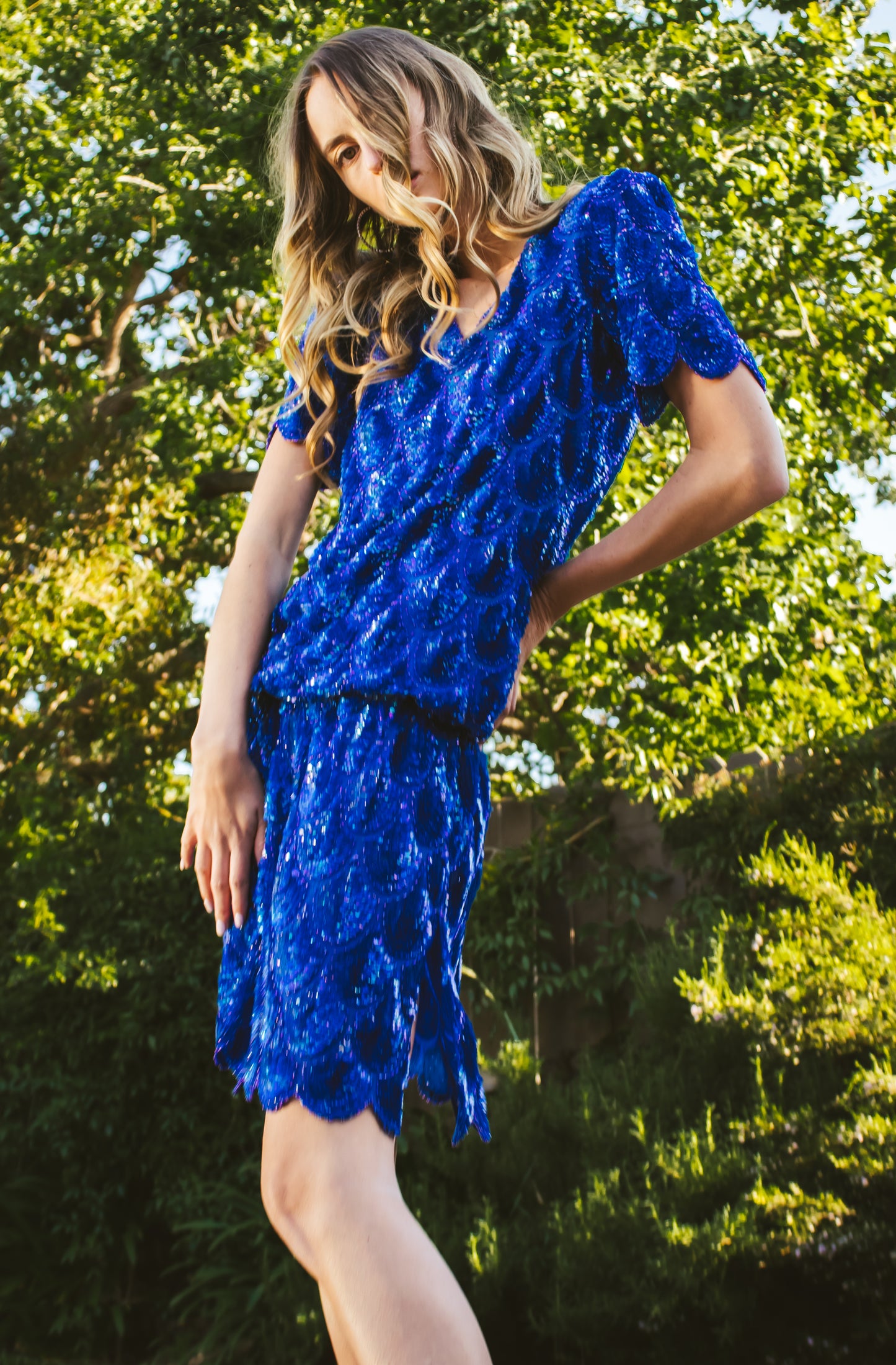 80's Blue Sequined Dress S