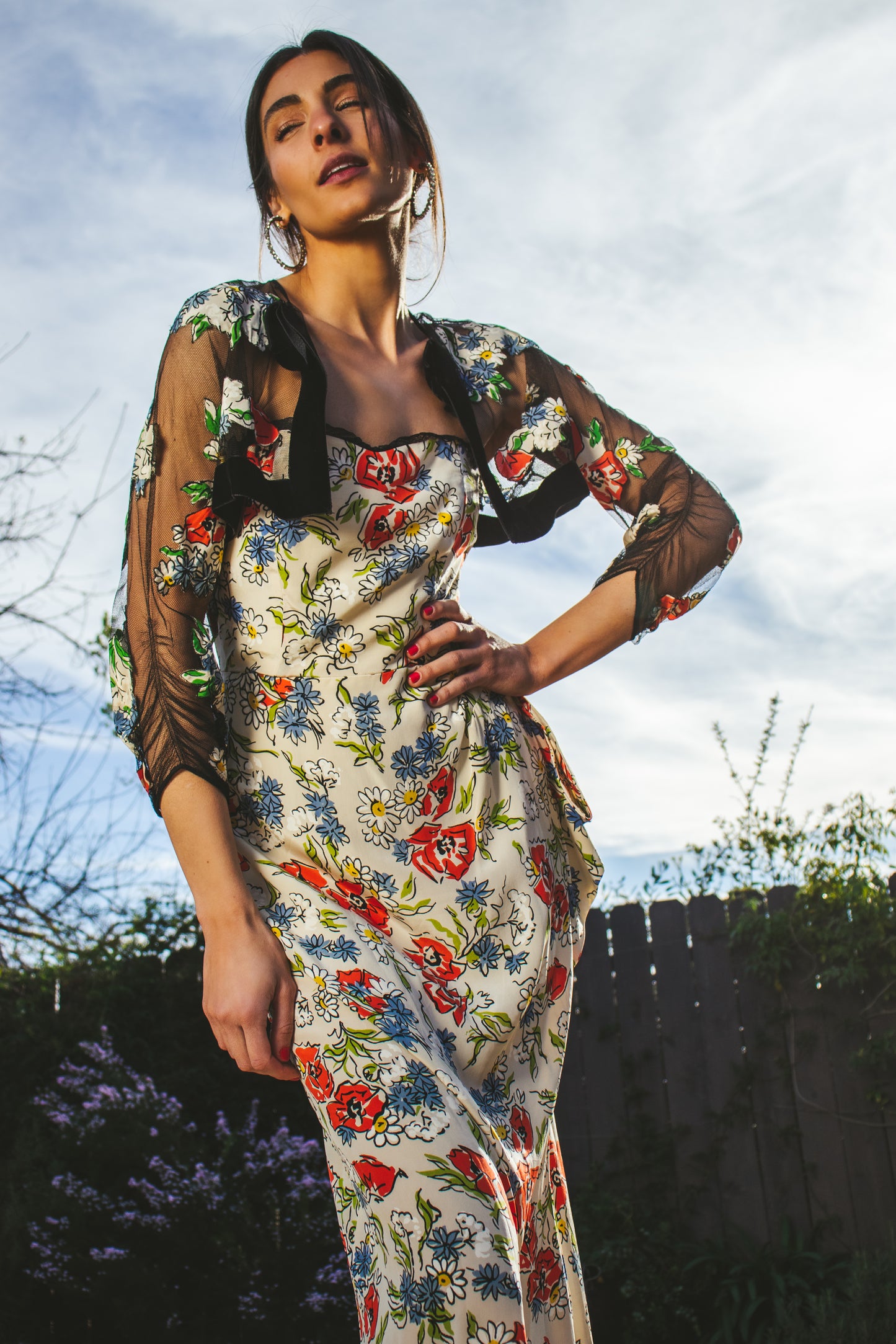 60's Floral Silk Bolero Dress S/M