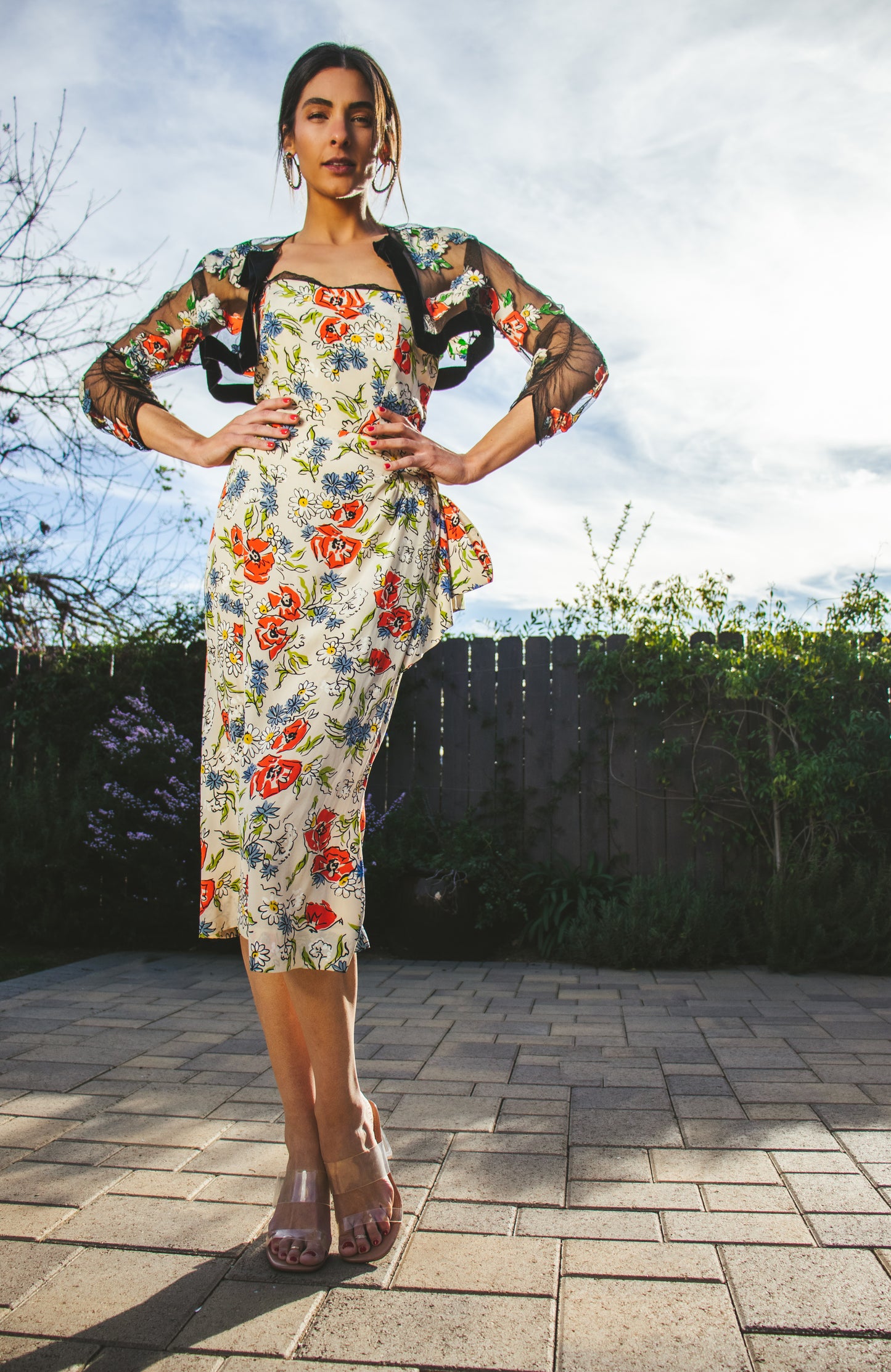 60's Floral Silk Bolero Dress S/M