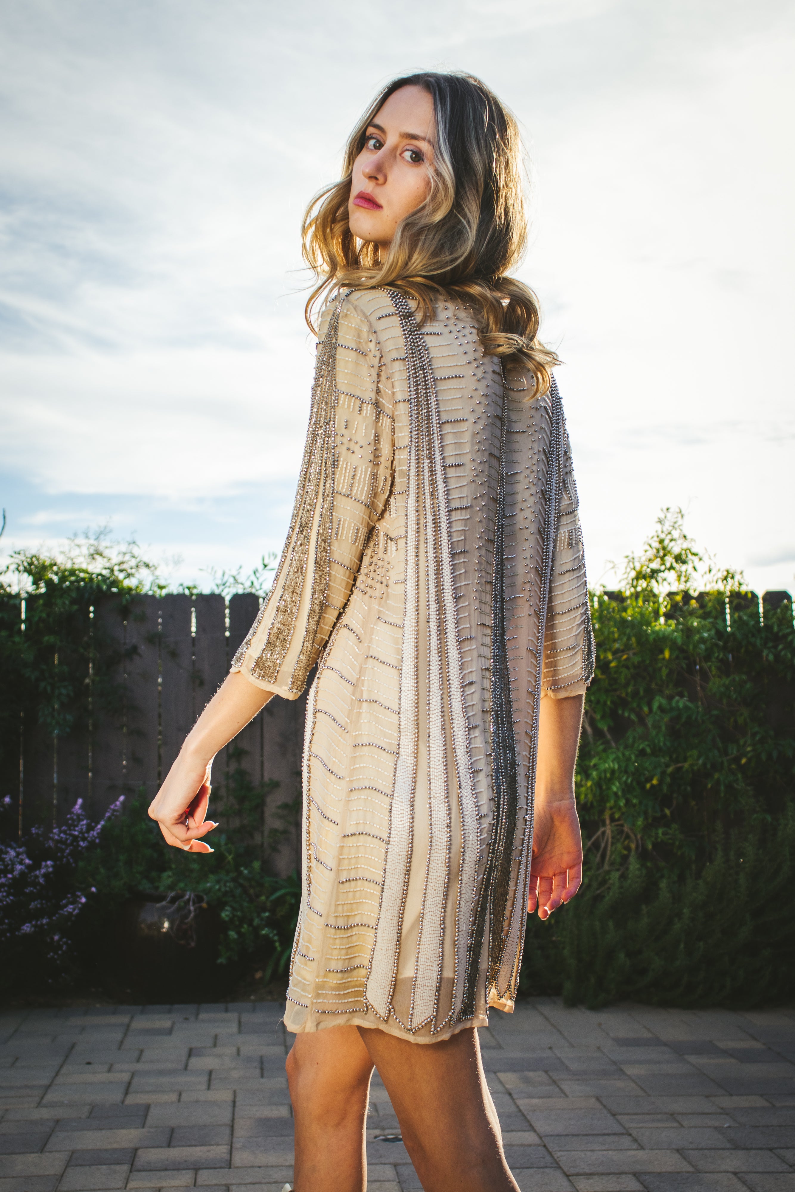 Beaded shift dress with sleeves cheap