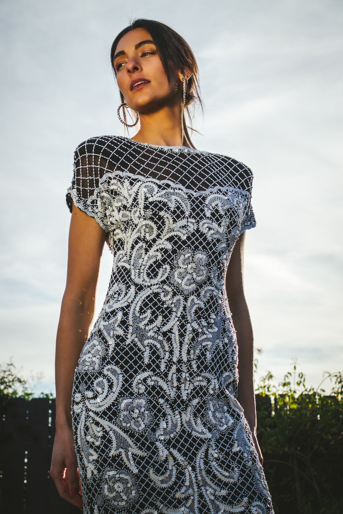80's Black and White Sequined Dress M