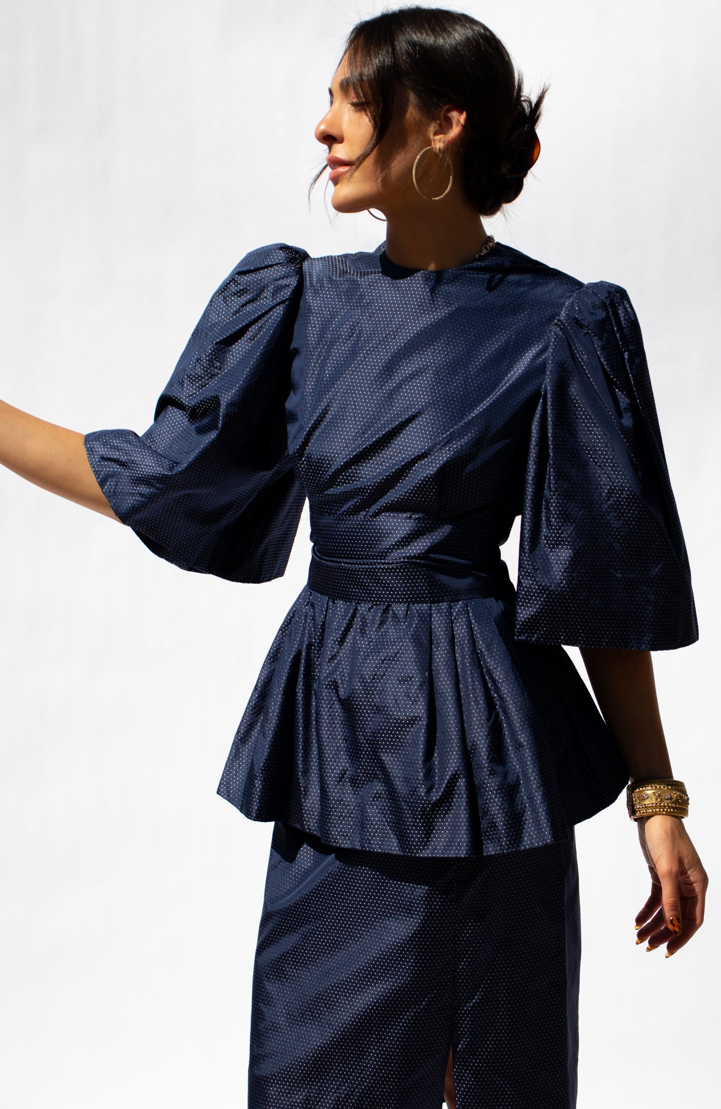 80's Pauline Trigere Blue Silk Skirt Set M