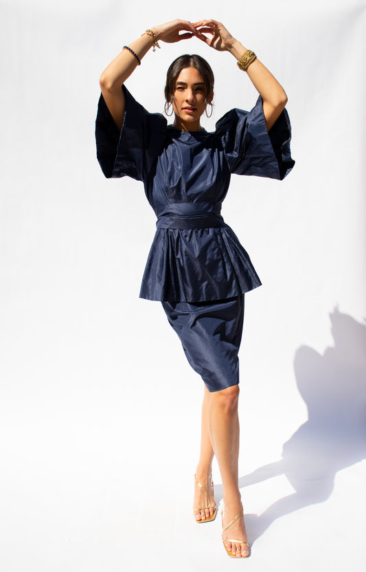 80's Pauline Trigere Blue Silk Skirt Set M
